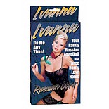 <strong>Кукла *Иванна*</strong> <br />
Кукла *Иванна* - стоячая кукла, светловолосая, европейского типа. Эта блондинка своей фигурой, стройными бедрами и высокой грудью способна свести с ума и подарить райское наслаждение. Черное кружевное боди и ажурные чулки подчеркивают совершенство форм и призывный взгляд - *я хочу быть твоей*. <div class="charTableblock"><div><span>Цвет</span>: телесный</div><div><span>Материал</span>: ПВХ (PVC)</div><div><span>Особенности</span>: женщина</div><div><span>Наличие вибрации</span>: без вибрации</div><div><span>Производитель</span>: Seven Creations, Китай</div></div> Кукла *Иванна* 
Кукла *Иванна* - стоячая кукла, светловолосая, европейского типа. Эта блондинка своей фигурой, стройными бедрами и высокой грудью способна свести с ума и подарить райское наслаждение. Черное кружевное боди и ажурные чулки подчеркивают совершенство форм и призывный взгляд - *я хочу быть твоей*.