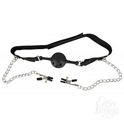 Силиконовый кляп-шар, соединенный цепочками с зажимами для сосков Силиконовый кляп-шар, соединенный цепочками с зажимами для сосков