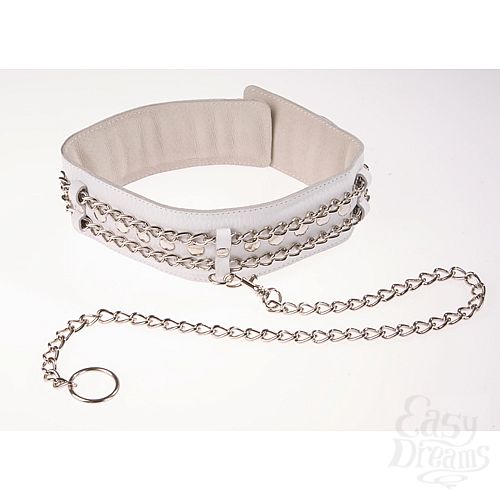 Фотография 1:  Белый кожаный ошейник с цепочкой-поводком  Фотография 1:  Белый кожаный ошейник с цепочкой-поводком