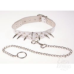 Белый кожаный ошейник с шипами  Белый кожаный ошейник с шипами
