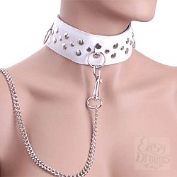Белый ошейник из кожи с цепочкой-поводком  Белый ошейник из кожи с цепочкой-поводком